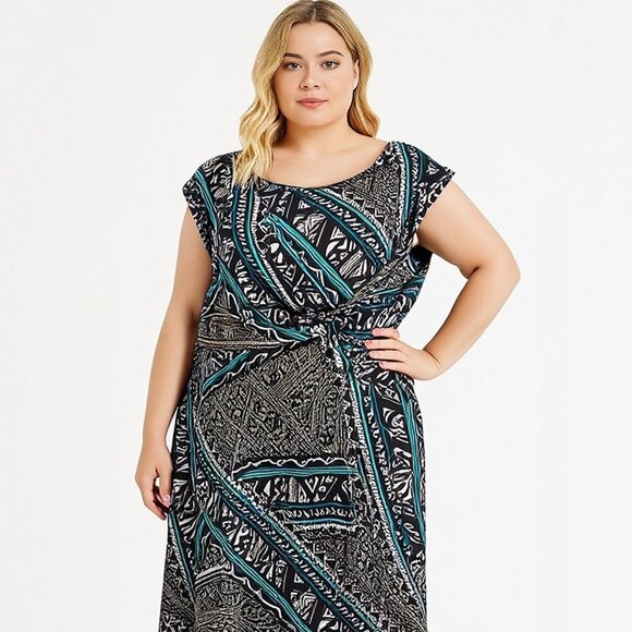 Cato Geometric Tribal Print Cap Sleeve Draped Midi Dress Size Plus Size 18/20W - Picture 1 of 12